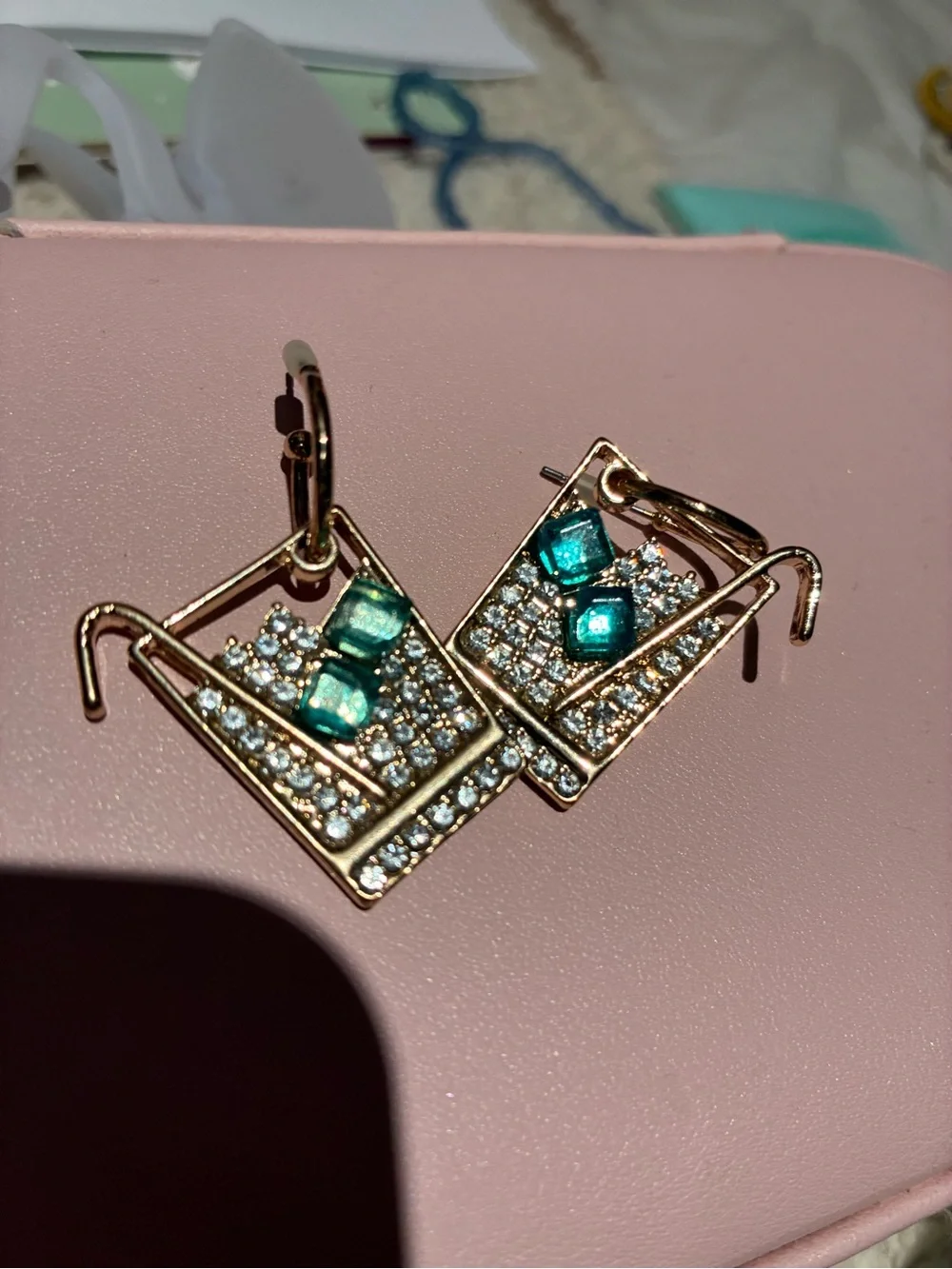 BaubleBar Cocktail Glass Rhinestone Drop Earrings Teal Gold Statement